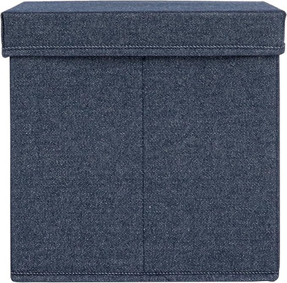 Household Essentials Collapsible Cotton Blend Cube Storage Box with Lid and Metal Grommet Handle, Set of 2, Denim