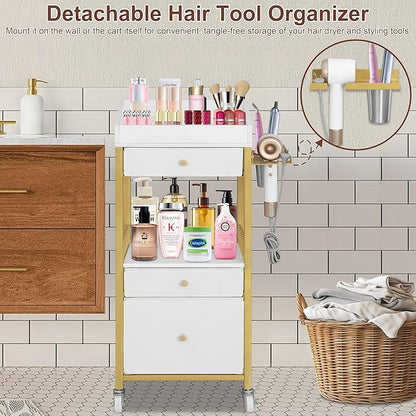 Makeup Organizer Cart with 3 Drawers, Rolling Vanity Organizer with Adjustable Dividers, Detachable Hair Tool Holder, Lockable Wheels for Small Spaces, Gold & White