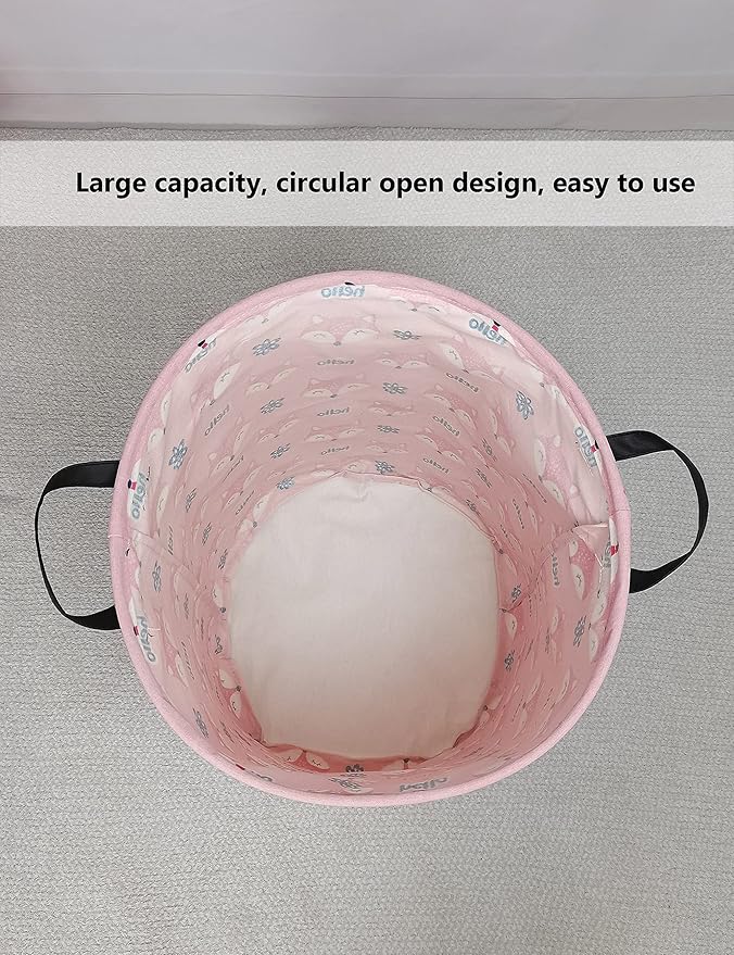 QUEENLALA Large Storage Basket,Laundry Hamper/Bathroom/Home Decor/Collapsible Round Storage Bin,Boys and Girls Hamper/Boxes/Clothing(Round-Pink Fox)