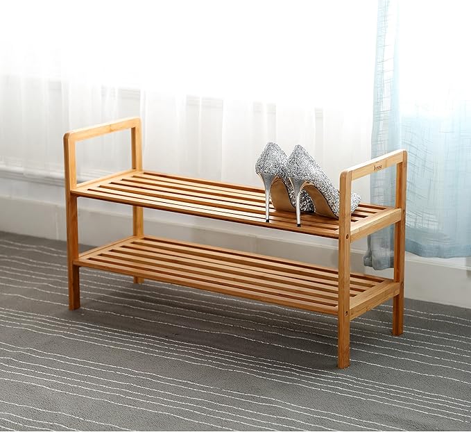 Mosa Natural Bamboo 2-Tier Shoe Rack (27.6" X 10.2" X 15.7"), Wood Shoe Shelf Wooden Shoe Storage Organizer