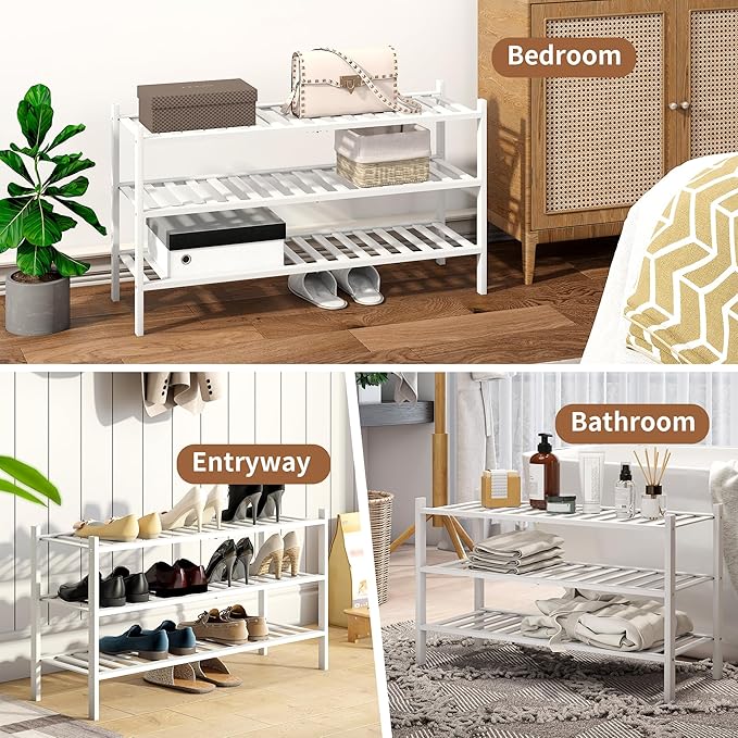 Bamboo Shoe Rack Stackable Shoe Shelf Storage Organizer for Unit Entryway Hallway and Closet Sturdy Freestanding Long Shoe Shelf(3L Tier White)