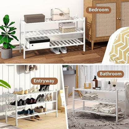 Bamboo Shoe Rack Stackable Shoe Shelf Storage Organizer for Unit Entryway Hallway and Closet Sturdy Freestanding Long Shoe Shelf(3L Tier White)