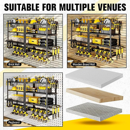 Hipidian Power Tool Organizer Wall Mount - Storage Rack with 4 Drill Holders for Drills Cordless Tools. Heavy Duty Iron Garage Tool Organizer Storage for Workshop Shed (4 Slots 4 Layers 2 Pcs)