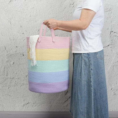 Woven Cotton Rope Laundry basket-15”X20” Laundry Hamper-Rope Storage Basket for Dirty Clothes, Toys and Blankets Perfect for Bathroom, Baby nursery and Living Room Storage (light rainbow)
