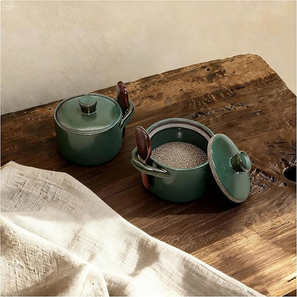 Handcrafted Speckled Ceramic Salt Cellar with Wooden Spoon, Rustic Vintage Spice Jar, Dishwasher Safe, 8.45 fl oz (Vintage Green set of 2)