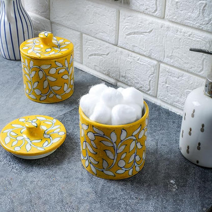 Decorative Bathroom Ceramic Jar with Lid - Dispenser Apothecary Vanity Canister for Cotton Balls, Rounds, Pads, Swabs, Makeup Sponges, Hair Accessories, Q-Tips - Storage Container 4.7x3.5 Inch