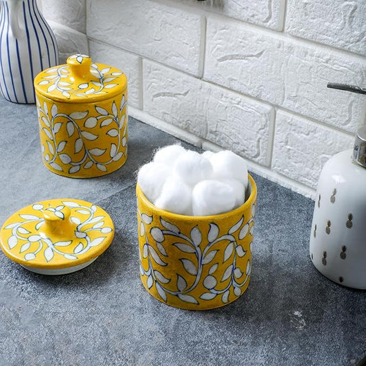 Decorative Bathroom Ceramic Jar with Lid - Dispenser Apothecary Vanity Canister for Cotton Balls, Rounds, Pads, Swabs, Makeup Sponges, Hair Accessories, Q-Tips - Storage Container 4.7x3.5 Inch