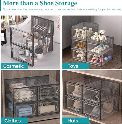 Kuject Large Shoe Organizers Storage Boxes for Closet, 12 Pack Clear Plastic Stackable Storage Bins with Lids, Under Bed Shoe Containers for Entryway, Drop Front, Fit up to Women's Size 10,Black