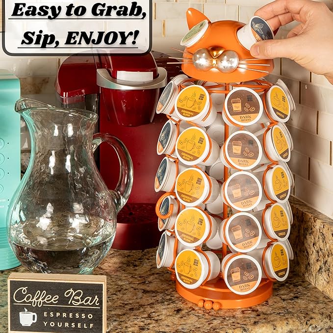 Made Easy Kit Carousel Coffee Pod Holder, Compatible with Keurig K-Pods K-Cups, Countertop Rack Storage Organizer, Metal Home and Kitchen Decor, Capsule Café Station Bar (Small, Orange Cat)