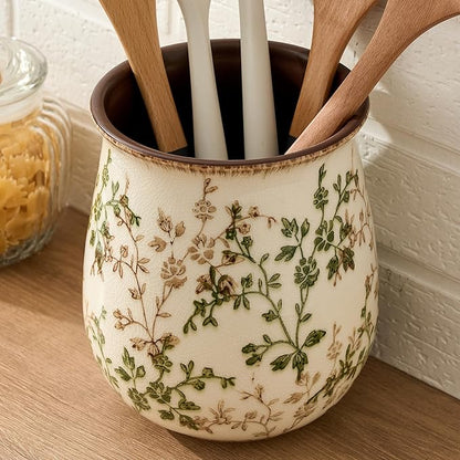 Utensil Holder for Kitchen Counter, Modern Nordic Boho Style Cooking Utensil Holder and Crock Home Kitchen Decor, Ceramic Utensil Organizer for Spatula, Ladle, Eggbeater, Rolling Pin- Green and Beige