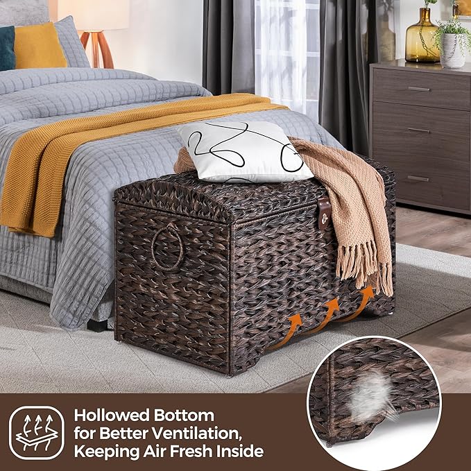 Honjourai Handwoven Storage Basket with Lid, 178L Plastic Rattan Storage Bin, Leather Buckle & Metal Frame, Large Metal Ring Handles, Storage Trunk for Bedroom, Laundry Room