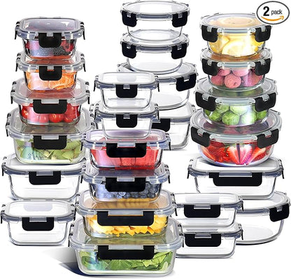 EATEX 48pc Glass Storage Containers with Lids, 24 Glass Food Storage Containers with 24 Airtight Lids for Pantry & Kitchen, Meal Prep Containers for Lunch, Oven Freezer Microwave & Dishwasher Safe