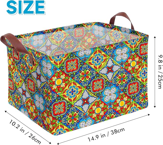 Mexican Talavera Decor Storage Basket Waterproof Canvas Toy Storage Bin Mexican Decor For Home Collapsible Outdoor Basket with Leather Handles Mexican Gifts Blanket Baskets For Closets,Bedrooms