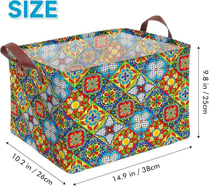 Mexican Talavera Decor Storage Basket Waterproof Canvas Toy Storage Bin Mexican Decor For Home Collapsible Outdoor Basket with Leather Handles Mexican Gifts Blanket Baskets For Closets,Bedrooms