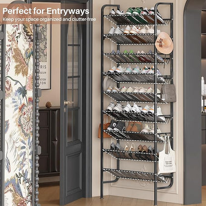 UMDONX 9 Layer Shoe Rack for 27 Pairs Shoes, Freestanding Shoe Organizer with 12 Hooks & 8 Adhesive Pads, Space-Saving Vertical Storage for Entryway and Walk-in Closet Width 27.56 inch（70cm）