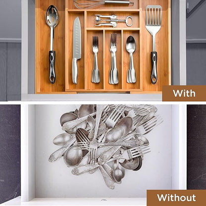 Bambüsi Bamboo Expandable Drawer Organizer for Utensils - Adjustable Cutlery Tray with Dividers for Silverware, Flatware, and Knives in Kitchen, Bedroom, or Living Room Storage Organization