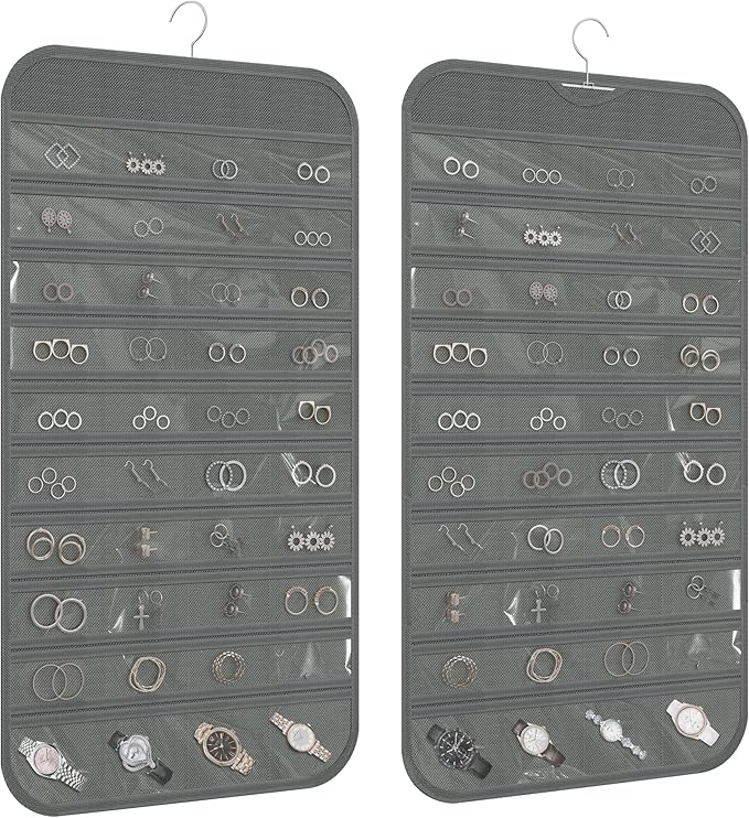 1 Pack Hanging Jewelry Organizer 80-Pocket Dual-sided Jewelry Storage for Earring Necklace Bracelet Ring Travel Holder, Gray
