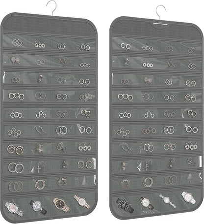1 Pack Hanging Jewelry Organizer 80-Pocket Dual-sided Jewelry Storage for Earring Necklace Bracelet Ring Travel Holder, Gray