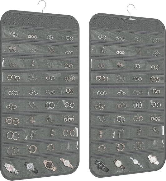 1 Pack Hanging Jewelry Organizer 80-Pocket Dual-sided Jewelry Storage for Earring Necklace Bracelet Ring Travel Holder, Gray