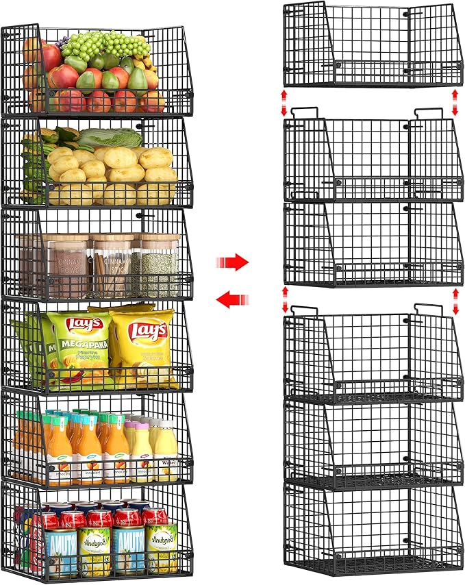 Jakyitvi Stackable Wire Baskets for Pantry,6 Pank Metal Pantry Organizer Storage Bins for Kitchen Snack, Fruit, Potato, Onion & Vegetable Storage, Wire Baskets for Pantry Organization