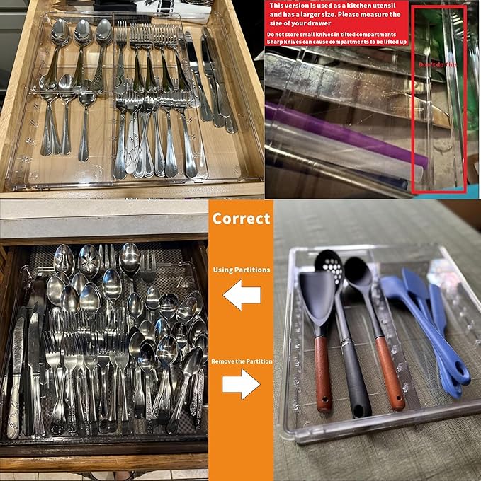 Large Expandable Silverware Organizer - Adjustable From 11'' to 21.3'' - Spatula,Gadget,Knife,Cutlery,Spoons and Forks Organizer,Clear Flatware,Silverware Tray,Utensil Organizer for Kitchen Drawers