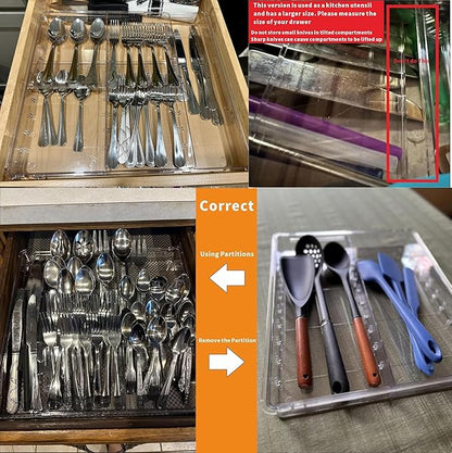 Large Expandable Silverware Organizer - Adjustable From 11'' to 21.3'' - Spatula,Gadget,Knife,Cutlery,Spoons and Forks Organizer,Clear Flatware,Silverware Tray,Utensil Organizer for Kitchen Drawers