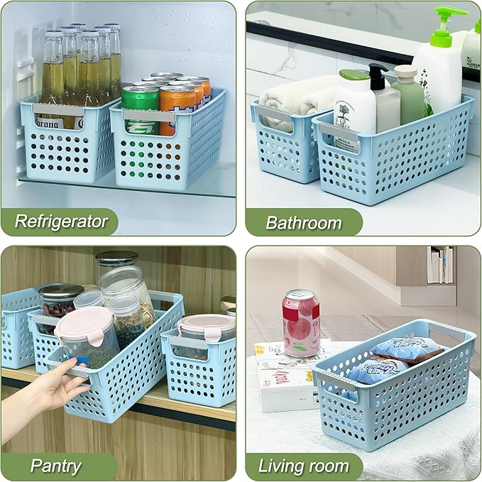 Soddeph 4 Pack Slim Plastic Storage Basket with Handles, Rectangular Storage Bins for Shelves,Narrow Organizer box for Organizing, Kitchen,Home,Office (Blue, Small)