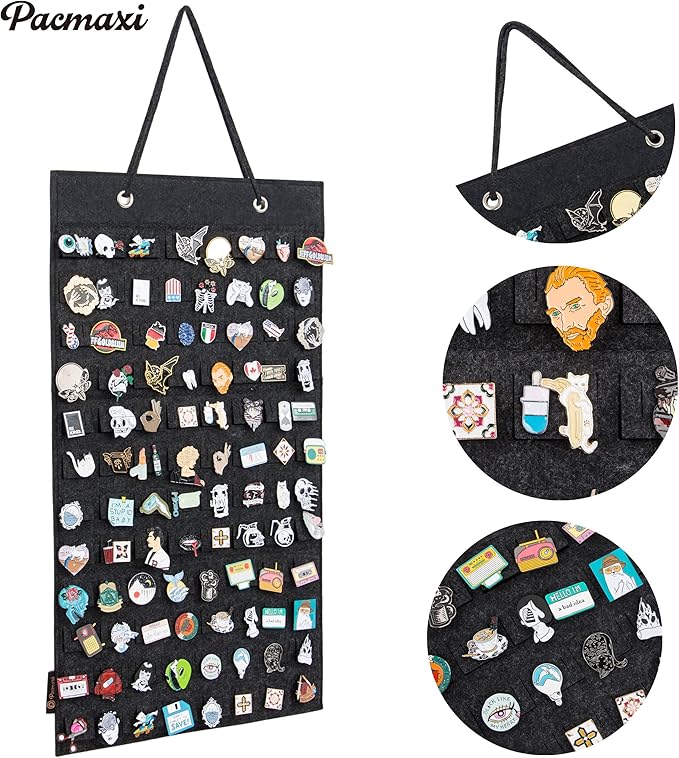 PACMAXI Hanging Brooch Pin Organizer, Display Pins Storage Case, Brooch Collection Storage Holder, Holds Up to 96 Pins.(Not Include Any Accessories) (S-96 Slots, Dark gray, Small)