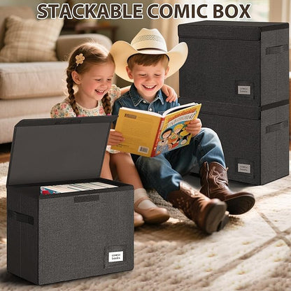 Leffis 3 Pack Comic Book Storage, Comic Book Box Collapsible and Stackable Comic Short Box with Lid and Label Slot 15.5" X 7.5" X 11.3" Holds 150 Comics (Black)