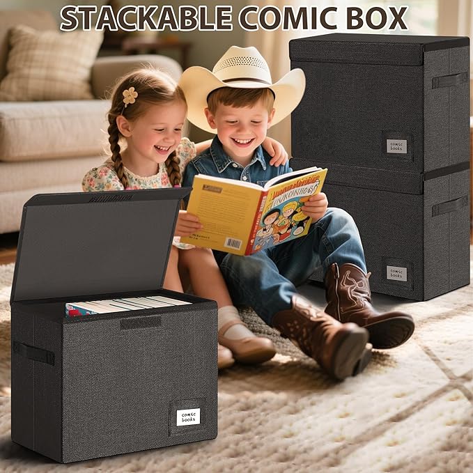 Leffis Comic Book Storage, Collapsible and Stackable Comic Short Box, Moistureproof Comic Box with Lid and Label Slot 15.5" X 7.5" X 11.3" Holds 150 Comics (5)
