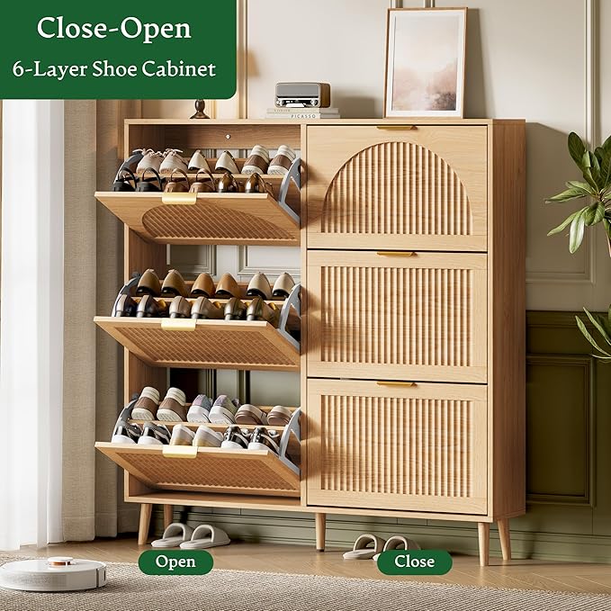 Xixini Shoe Storage Cabinet with 6 Flip Drawers, 50" Tall Narrow Wood Fluted Shoe Organizer for Entryway, Freestanding Wooden Hidden Slim Shoe Rack for Front Door Entrance, Hallway, Foyer, Natural Oak
