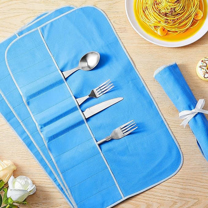 Saintrygo 6 Pieces Silver Storage Bags Anti Tarnish Silver Protector Bags Blue Holder for Silverware Flatware Storage Organizer Cloth Place Setting Roll with White Ribbon for Kitchen Utensils