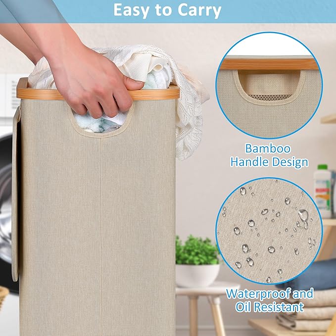 efluky Slim Laundry Hamper with Wheels, Narrow Laundry Basket with Lid and Removable Bag, Aesthetic Dirty Clothes Hamper on Wheels for Laundry Room, Bedroom, Dorm and Bathroom, 75L Beige