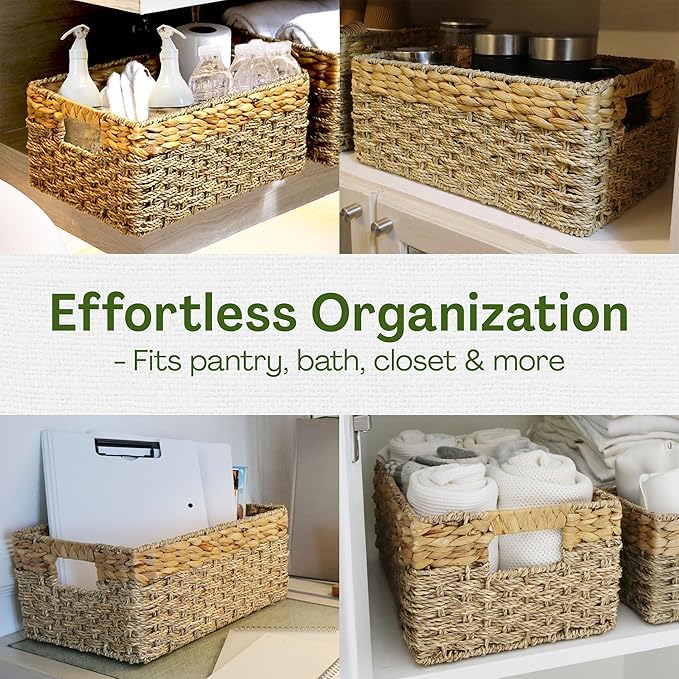 Large Wicker Storage Baskets with Handles, Natural Seagrass and Hyacinth Woven Storage Basket for Organizing Shelves, Closet, Pantry, Living Room, 17 x 11 x 7.5 Inches
