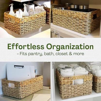 Large Wicker Storage Baskets with Handles, Natural Seagrass and Hyacinth Woven Storage Basket for Organizing Shelves, Closet, Pantry, Living Room, 17 x 11 x 7.5 Inches