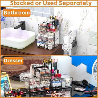 Cq acrylic 3 Pack Clear Makeup Organizer Countertop,Stackable 8 Drawers Skin Care Organizer,Cute Make Up Organizers for Vanity Jewelry,Hair Accessory,Beauty,Skin Care,Skincare Product Desk Storage