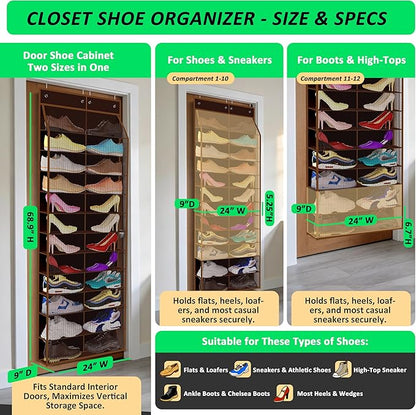 Kotkn 24-Pair Over Door Shoe Organizer for Family & Kids, Double Sided | Hanging Storage for Sneakers, Boots, Toys & Room Organization-Pearl Whitet-Walnut Brown