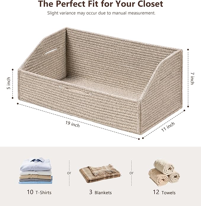 UBBCARE Closet Storage Bins 2 Pack, Cotton Rope Clothes Storage Bins & Sturdy Basket, 19" X 11" X 7" Shelf Baskets for Organizing, Light Brown