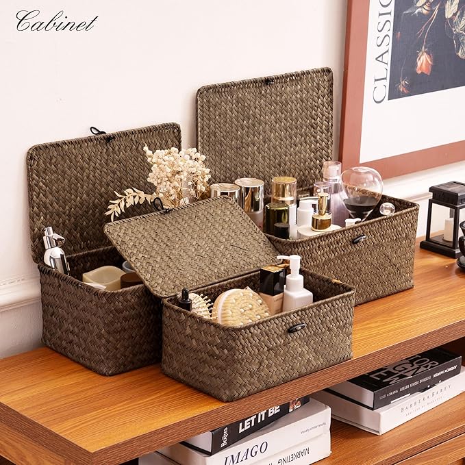 Nonam Seagrass Storage Baskets with Lid Set of 3,Wicker Basket Storage Bin for Shelves,Rectangular,Boho Decor,Handwoven Shelf Basket for Organizing-Storage Container Box for Home Organization-Coffee
