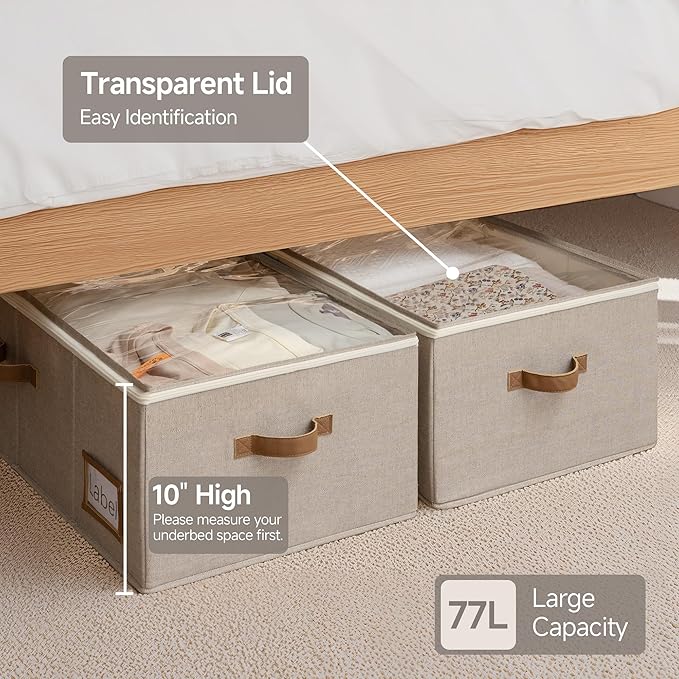 StorageWorks Under Bed Storage Bins, 10'' Underbed Storage Containers with Lid, 77L Clothes Organizer for Bedding, Blankets, Sweaters, Shoes, 2-Pack