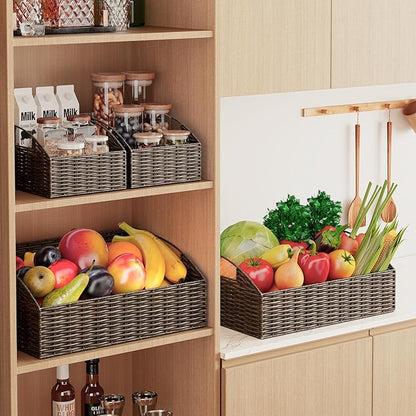Rattan Storage Baskets, Handwoven Wicker Storage Bins with Built-in Handles, Storage Container Baskets for Shelves, Bedroom, Bathroom, Laundry Room or Kitchen(Brown)