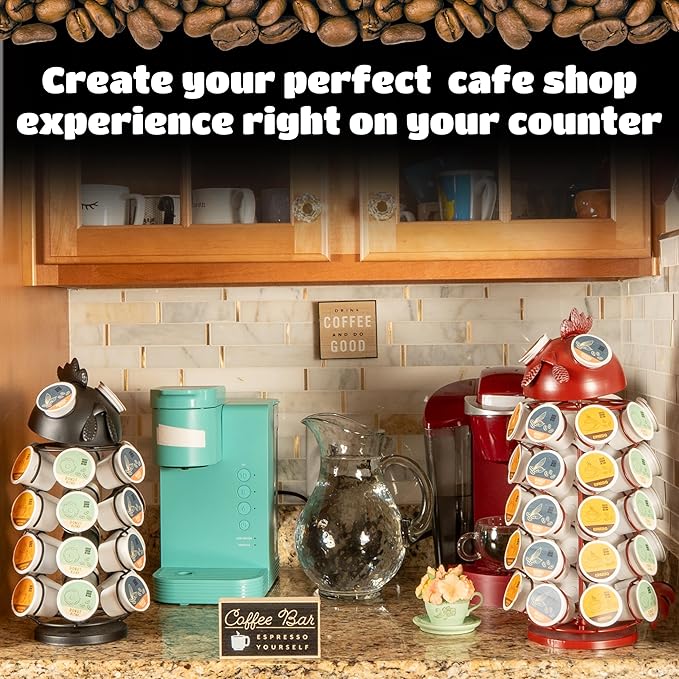 Made Easy Kit Carousel Coffee Pod Holder, Compatible with Keurig K-Pods K-Cups, Countertop Rack Storage Organizer, Metal Home and Kitchen Decor, Capsule Café Station Bar (Large, Black Rooster)