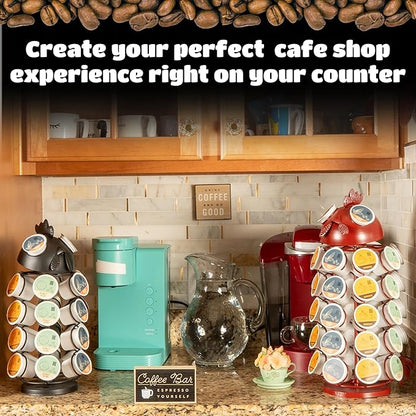 Made Easy Kit Carousel Coffee Pod Holder, Compatible with Keurig K-Pods K-Cups, Countertop Rack Storage Organizer, Metal Home and Kitchen Decor, Capsule Café Station Bar (Large, Black Rooster)