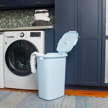 Mind Reader Slim Laundry Hamper with Lid, 60L Tall Clothes Basket, Narrow Tapered Design for Bathrooms, Closets and Laundry Rooms, Plastic, Baby Blue