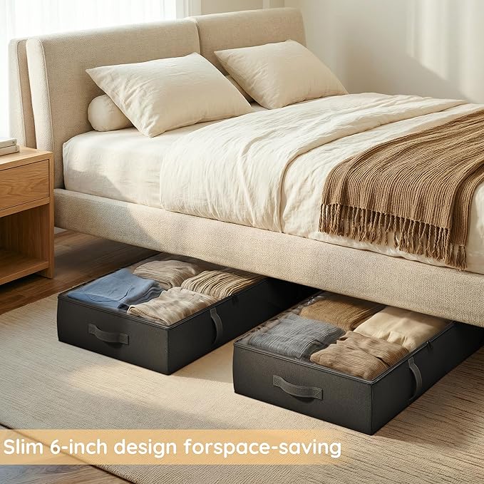 Vailando Under Bed Storage Containers, 6 Inches Tall 60L Underbed Storage Bins with Sturdy Handles and Sidewalls, Closet Organizer for Clothes, Blankets, Seasonal Items, Black, 2-Pack
