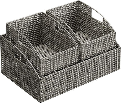 Rattan Storage Baskets, Handwoven Wicker Storage Bins with Built-in Handles, Storage Container Baskets for Shelves, Bedroom, Bathroom, Laundry Room or Kitchen(Grey)