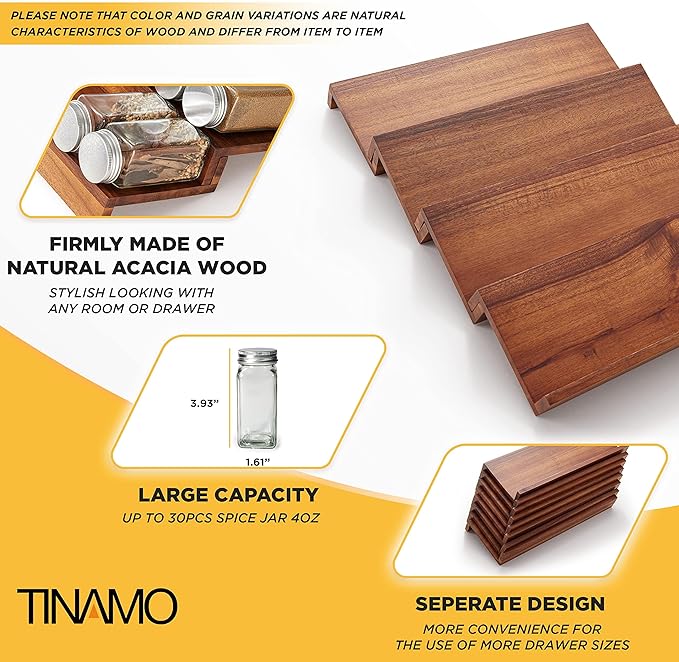 Tinamo Acacia Wooden Spice Rack Organizer for Cabinet - Spice Drawer Insert, Spice Organization for Cabinet, Seasoning Organizer, Spice Holder Pack of 4 (Acacia pack 4)