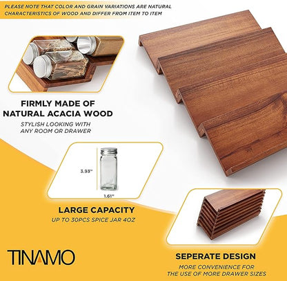 Tinamo Acacia Wooden Spice Rack Organizer for Cabinet - Spice Drawer Insert, Spice Organization for Cabinet, Seasoning Organizer, Spice Holder Pack of 4 (Acacia pack 4)