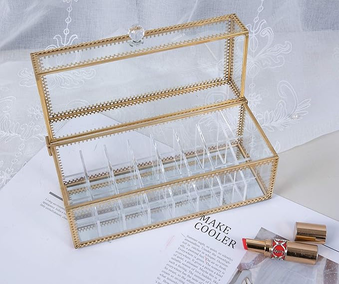FSyueyun Glass Lipstick Organizer Holder with 24 Slot, Dust Free Vanity Lip Gloss Lipstick Eye Liner Makeup Display Cases Decoration for Dresser Countertop