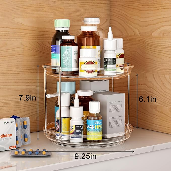 2 Tier Lazy Susan Turntable Organizer 9.25 inch, Rotating Spice Rack Organization for Cabinet, Bathroom, Pantry, Countertop, Kitchen, Vanity, Medicine Cabinet Organizer, Clear